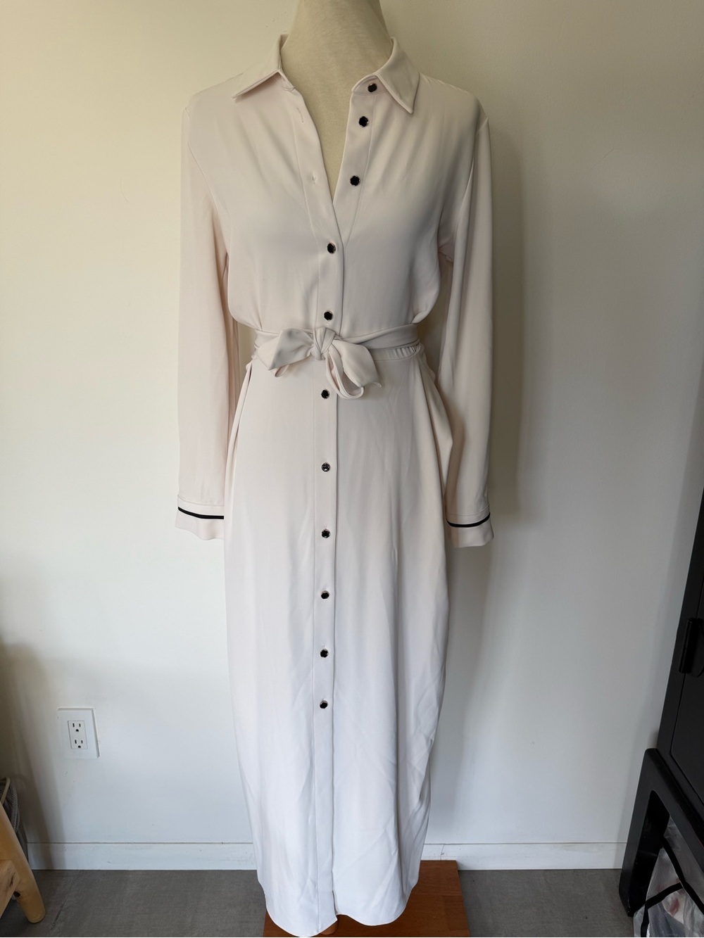 Zara Cream Long-Sleeve Maxi Shirt Dress with Waist Tie